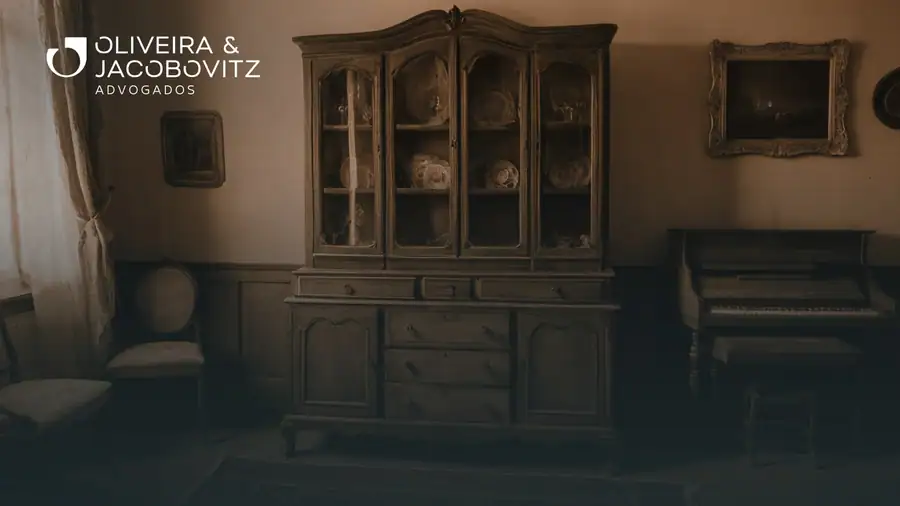 Mesa de reunião com certidões, pasta de documentos de inventário e caneta, em escritório com luz natural